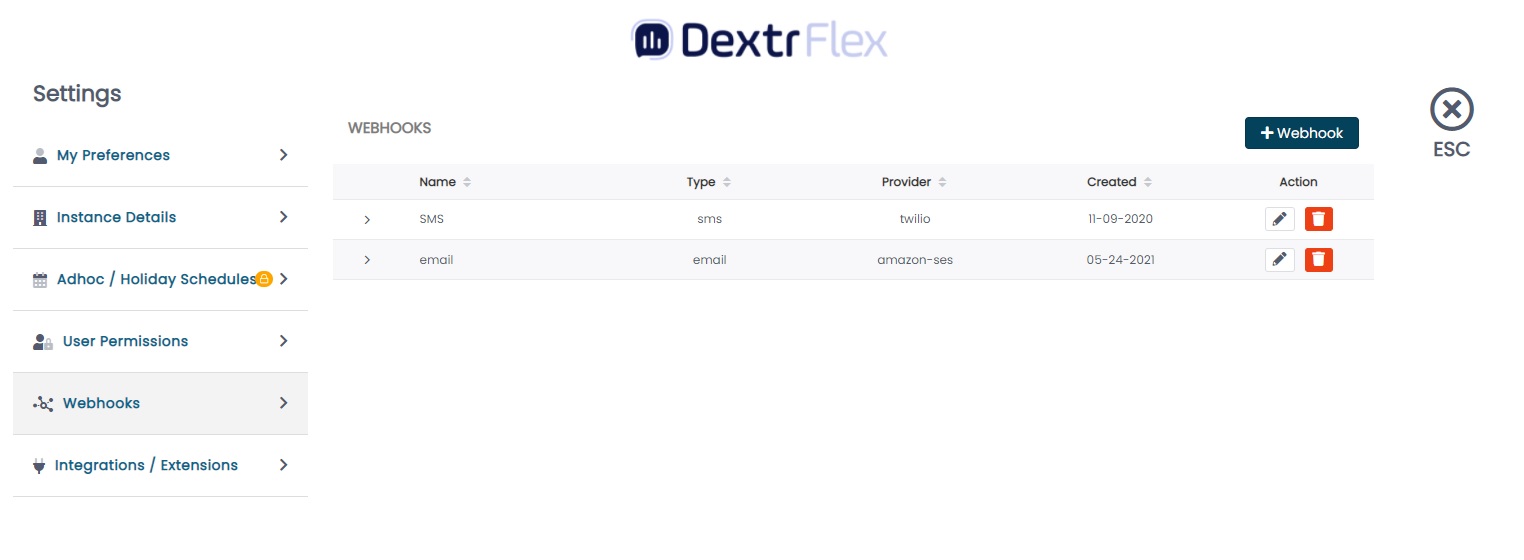 Settings Webhooks